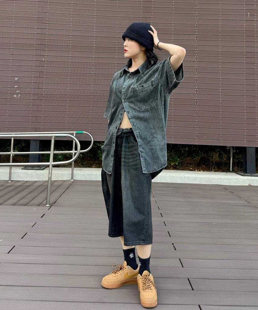 BLOND9 [Set] Pocket Half Denim Shirt + Bermuda Shorts Set