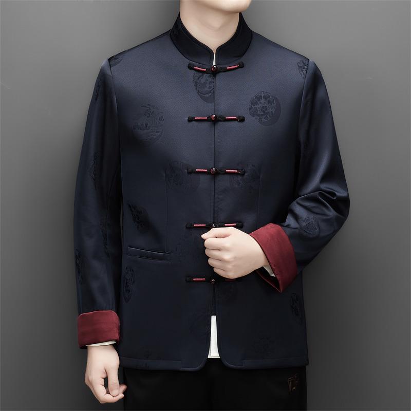 Men's 2025 Autumn/Winter Chinese Style Two-Piece Set: Middle-Aged Stand-Up Collar Tang Suit Jacket & Casual Zhongshan Suit