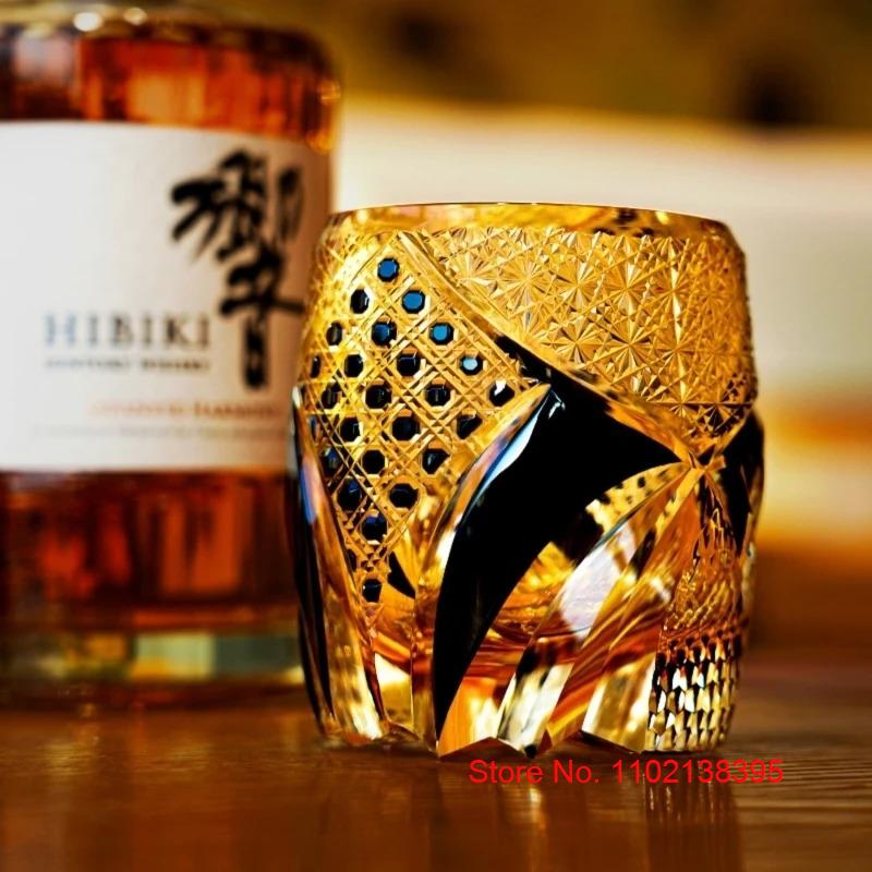 Japanese Black Warrior Crystal Glass Armor Edo Kiriko Whiskey Wine Glasses Hand Engraved Amber Whisky Cup Brandy Rock Snifter