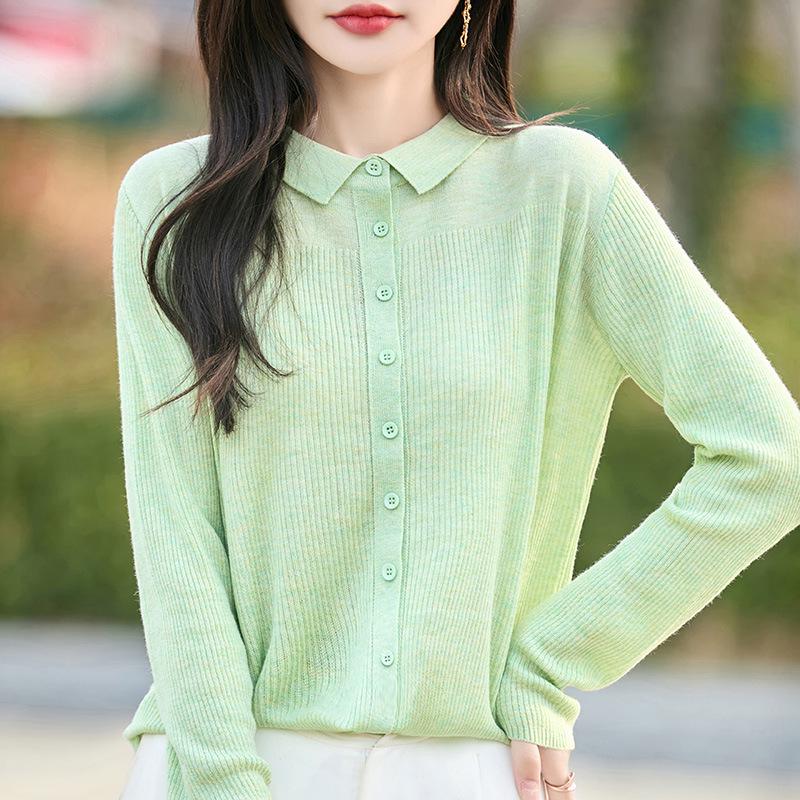 2026 Spring/Summer Women's Polo Collar High Imitation Wool Knit Cardigan - Long Sleeve, Button-Up, Elegant Wool Top
