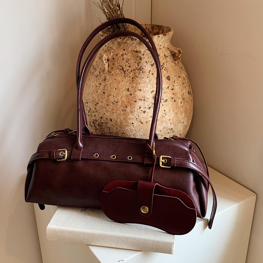 

Бостонская сумка для женщин однотонная на плечо из искусственной кожи повседневная сумка-боулинг ретро сумка для поездок бордовый