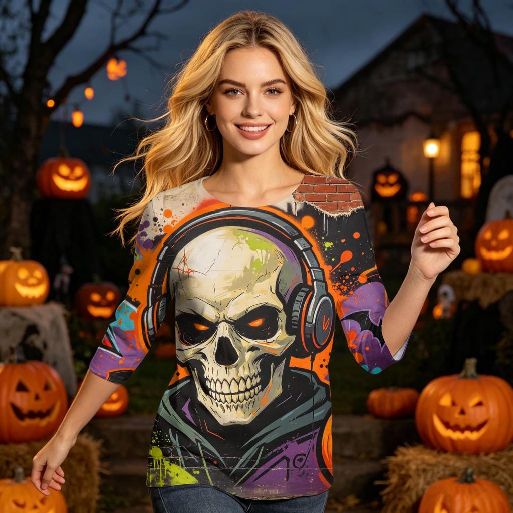Women's Casual 3/4 Sleeve Halloween Print Round Neck Top Lightweight Loose Fit Pullover Shirt for Everyday Wear