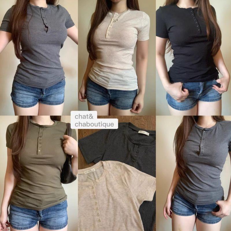 

Export Single American Classic Henry Collar Breasted Short Sleeve T-shirt Silm Stretch B73 White (slightly transparent No. 5 color defect S