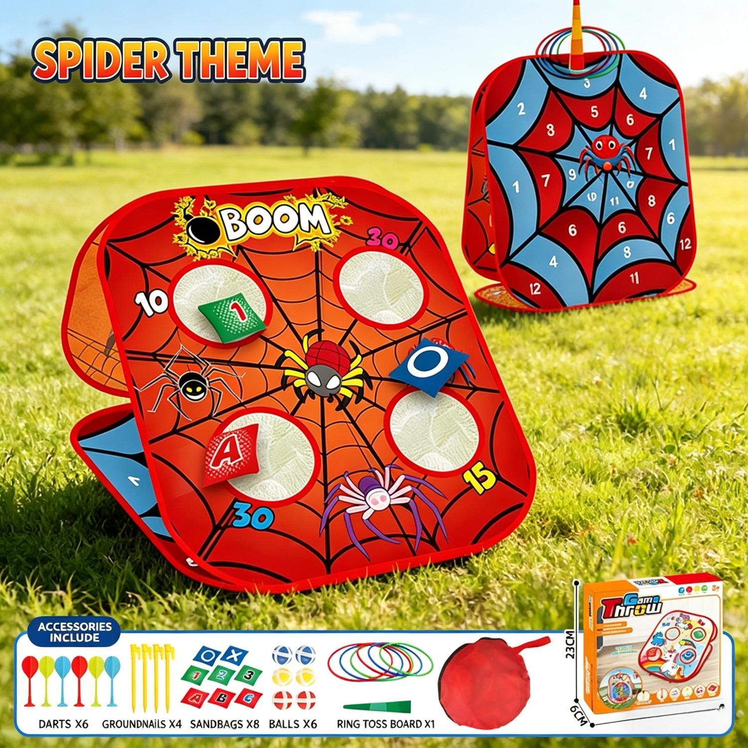 Kids 4-in-1 Bean Bag Toss Game, Foldable Outdoor Carnival Game Set with Bean Bags, Darts, Sticky Balls & Ring Toss, Portable Indoor/Outdoor Toys