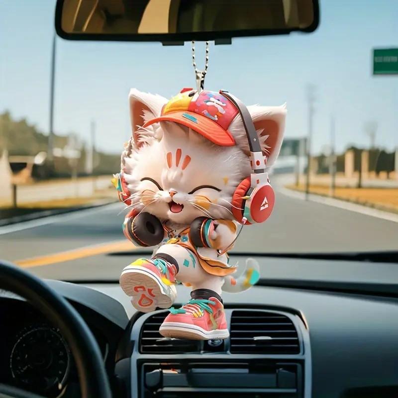 Acrylic With Pendant Cute Cat Listening To Music Design For Auto Interior Decor