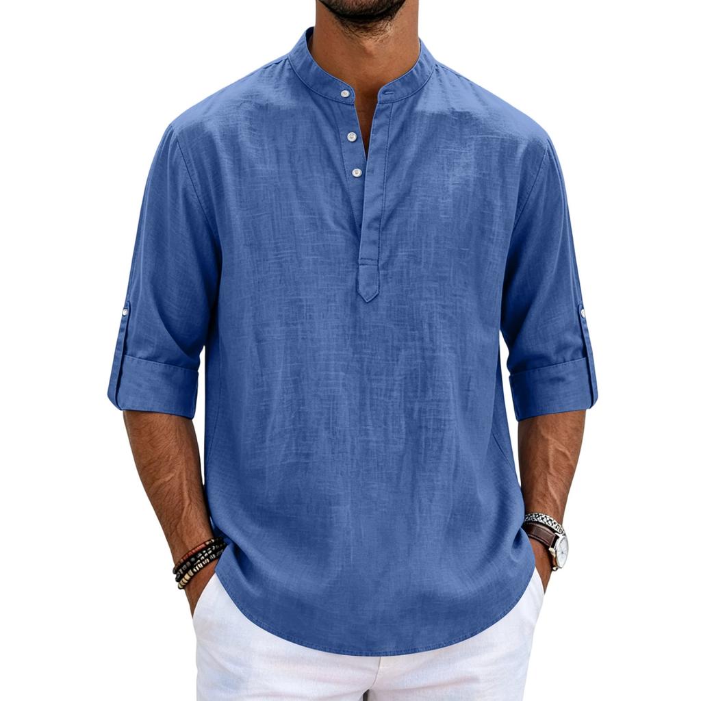 Men's Linen Long Sleeve Shirt Loose Fit Stand Collar Button Placket Casual Cotton Blend Pullover Shirt for Everyday Wear