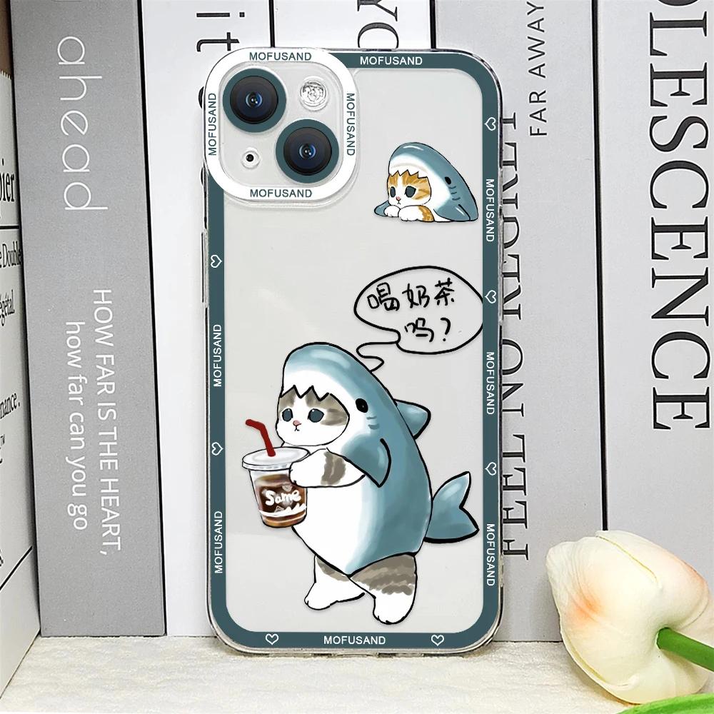 Süße Cartoon-Tier Katze Hai Handyhülle für IPhone 14 16 15 11 12 13 Pro Max Mini XS SE2 8 7 Plus Transparent Weiche Hülle Fundas