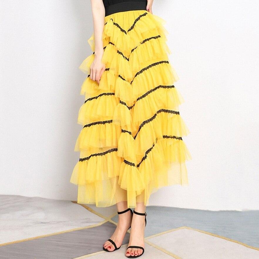 Qooth Tüll Stufenrock Knöchellanger Rock mit Sichtschutz Elastischer Bund Gazerock QT2206