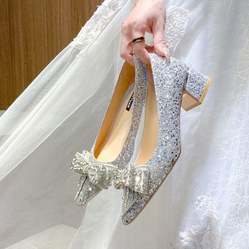 Middle Heel Pointed Head Thick Heel Single Shoes Women's 2025 Flat French Rhinestone Bow Bridal Shoes Temperament Dress Wedding Shoes Women