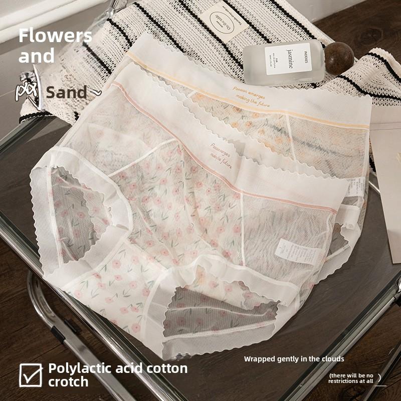 Damen Frühling Sommer Dünne Spitze Floral Transparentes Mesh Atmungsaktive Mittelhohe Taille Slips