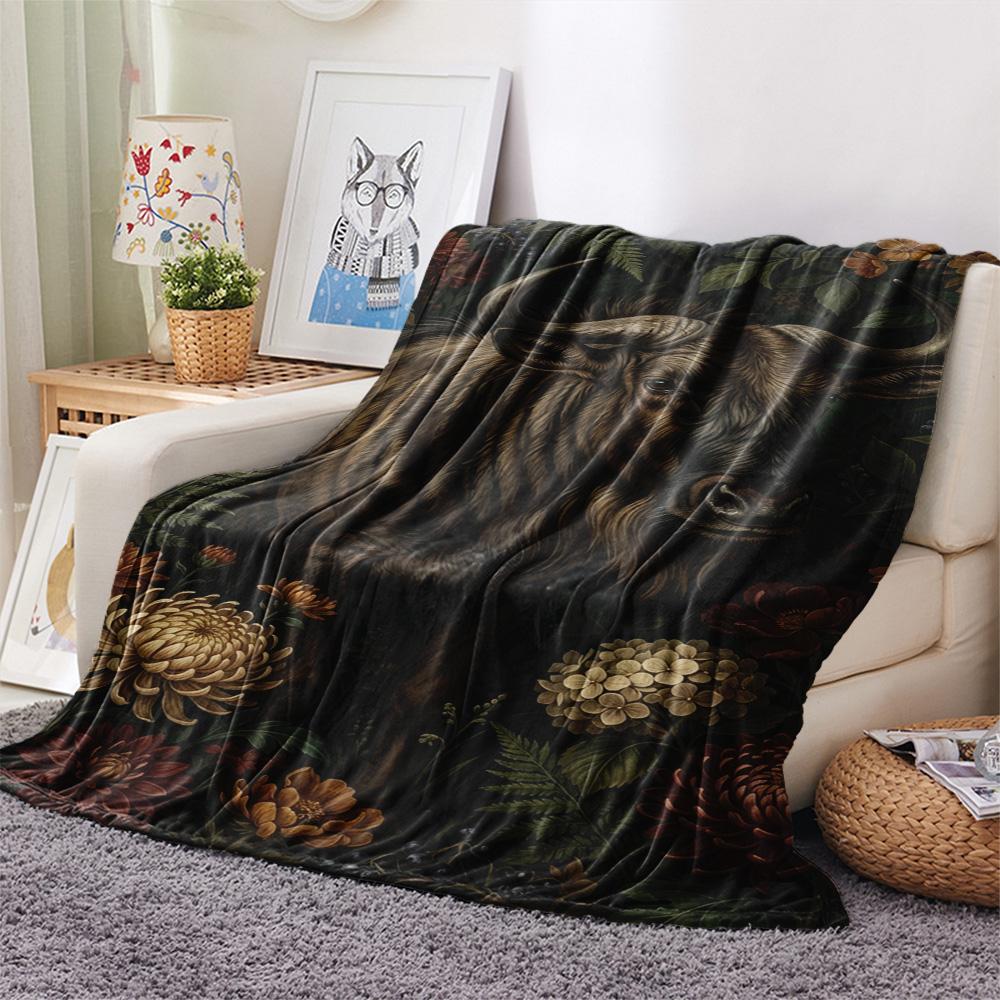 1PC Dark Floral Wildlife Print FlAannel Blanket, High quality Comfortable for All Seasons, Home Decor, Warmth and Comfort