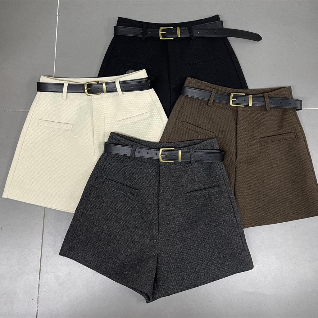 Petite Women's A-line Wool Shorts - High Waist, Gray, Versatile Wide-Leg for Autumn/Winter 2024