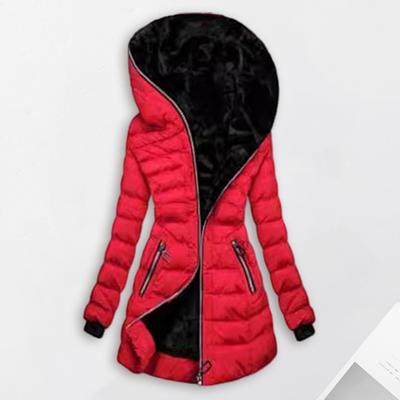 Women Winter Cotton Coat with Hood Zip-up Plush Lined Padded Down Jacket Winddoof Mid Length Long Sleeve with Elastic Cuffs Outdoor Coat