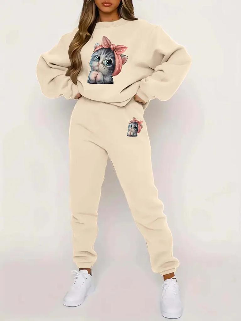 Versatile Cartoon Bear 3D Printing Two-Piece Set Long-Sleeved Sweater Trousers Casual Loose Sweater Set