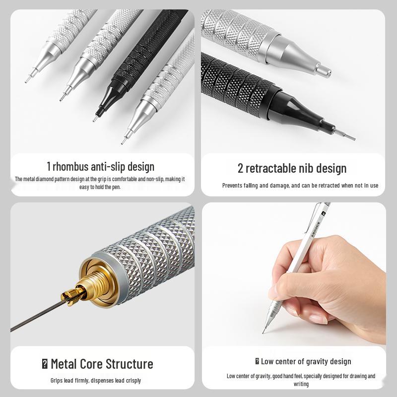 Professional Metal Mechanical Pencil, 0.5/0.7mm, Low Center Gravity, Weighted Feel, Continuous Lead Feed for Drawing & Painting.