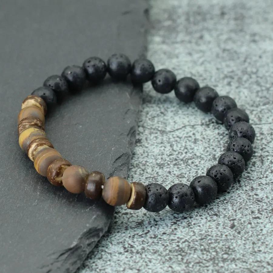 New Natural Wooden Bracelet For Men Meditation Braslet Volcanic Rock Braclet Gemstone Stretch Beaded Brazalete Pulsera