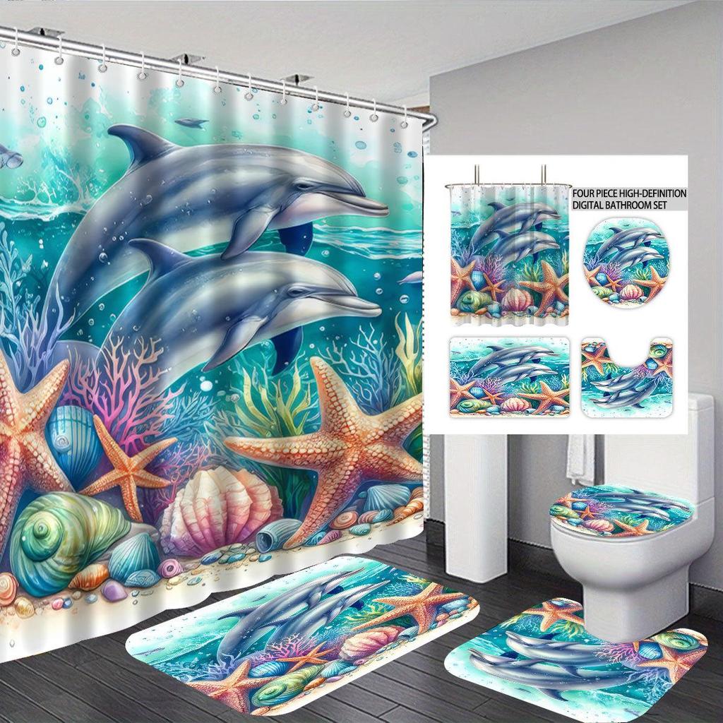 Su Geçirmez Polyester Banyo Seti: Dört Parçalı Duş Perdesi ve Kalınlaştırılmış Tuvalet Su Engelleyici