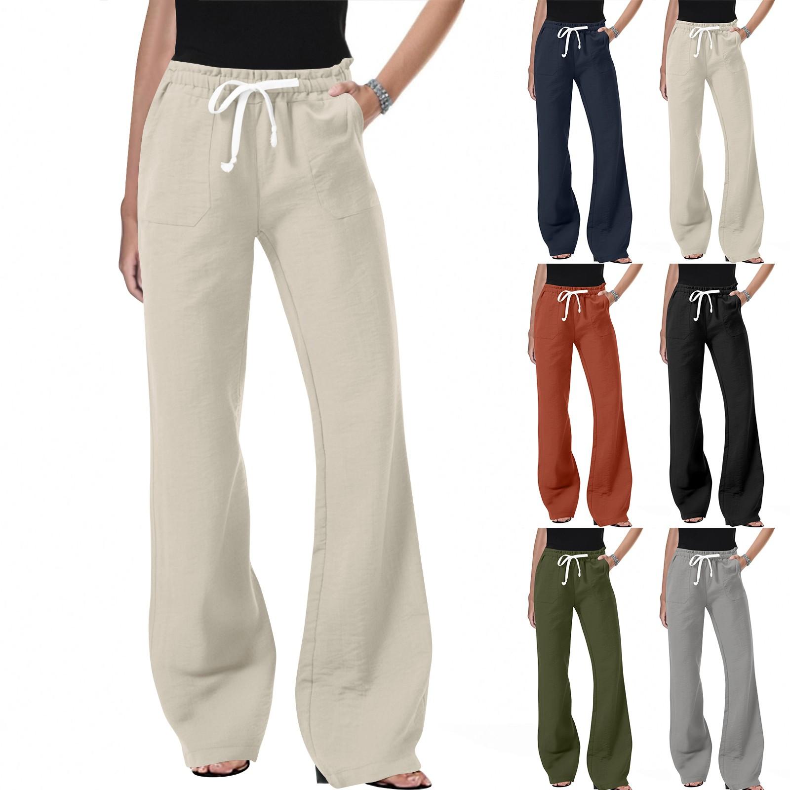 

Women s Slant Pocket Elastic Waist Casual Cotton And Linen Trousers L