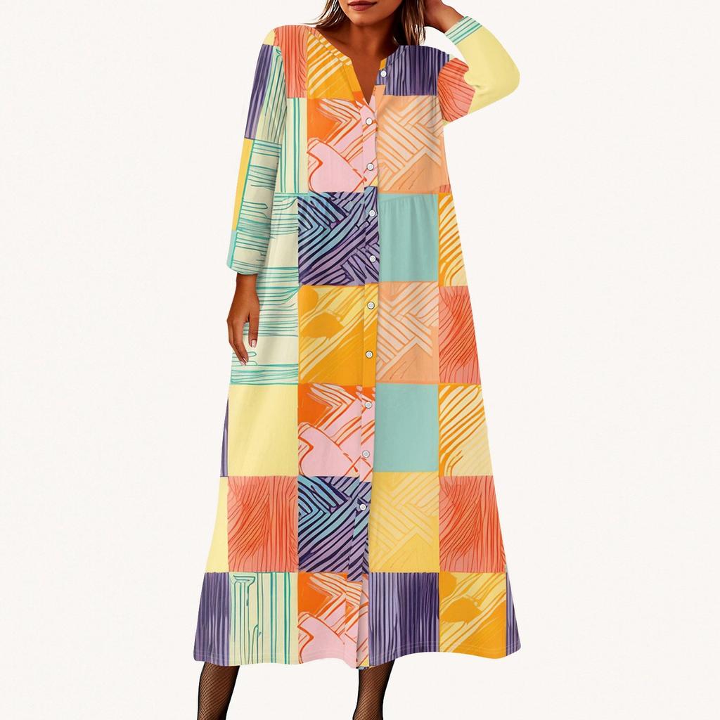 Dame Mote Trykket Rund Hals Syv Kvart Erm Knapp Løs Skjortekjole