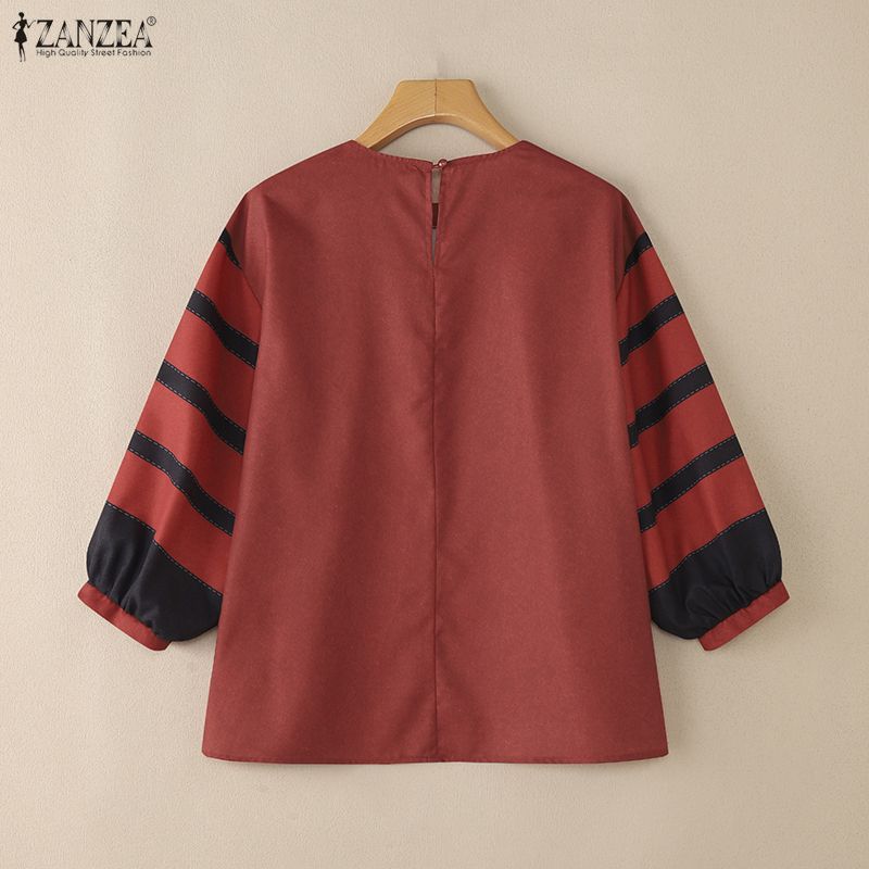 ZANZEA Women Casual Round Neck Stripe Splice 3/4 Sleeve Loose Blouse