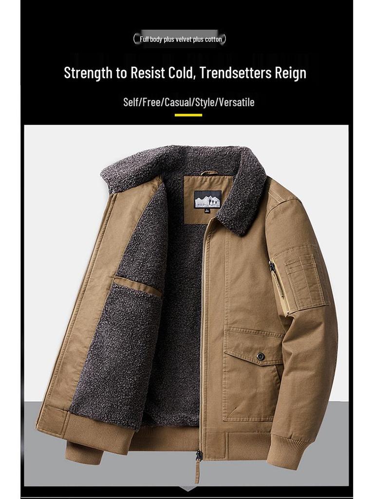 Men's Casual Fleece-Lined Warm Workwear Jacket – Retro Turn-Down Collar Coat for Autumn and Winter.