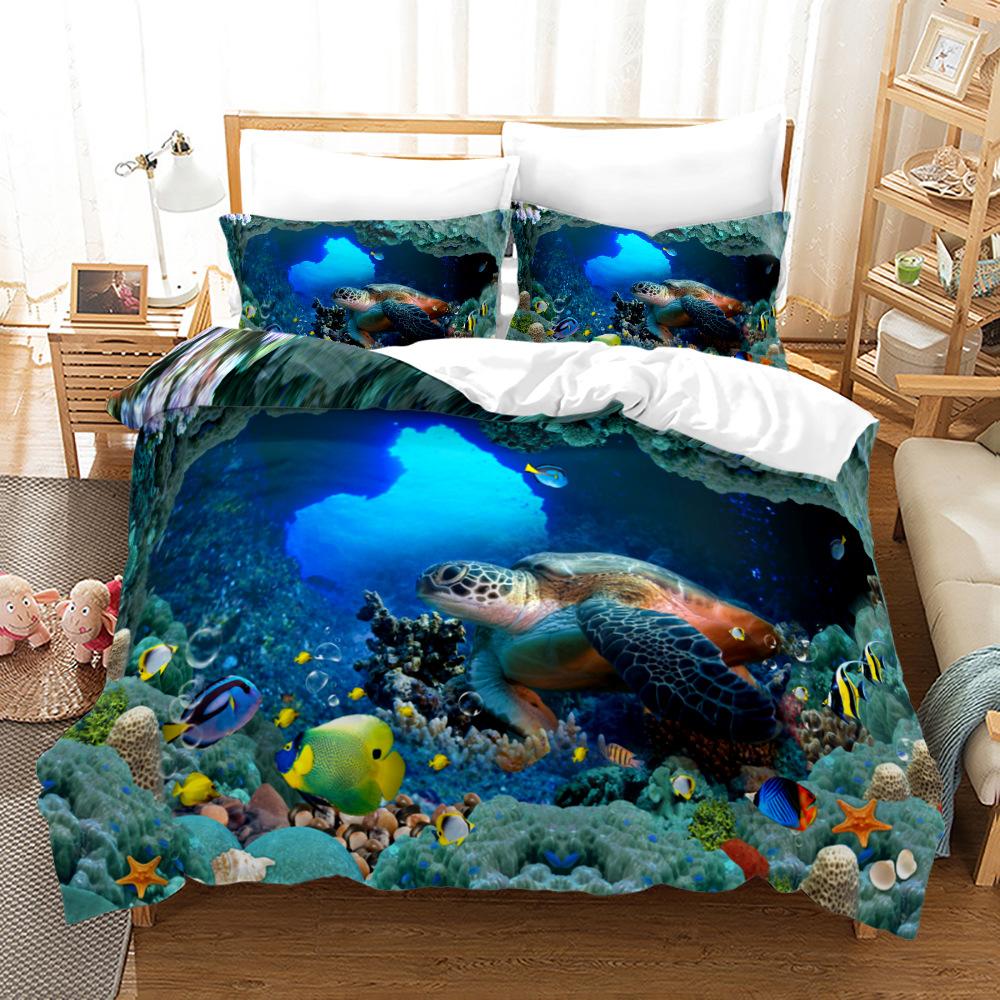 Blue Undersea World Bedding Set Dolphin Turtle Jellyfish Cozy Brushed Polyester Duvet Cover King Queen Twin Single Size Birthday