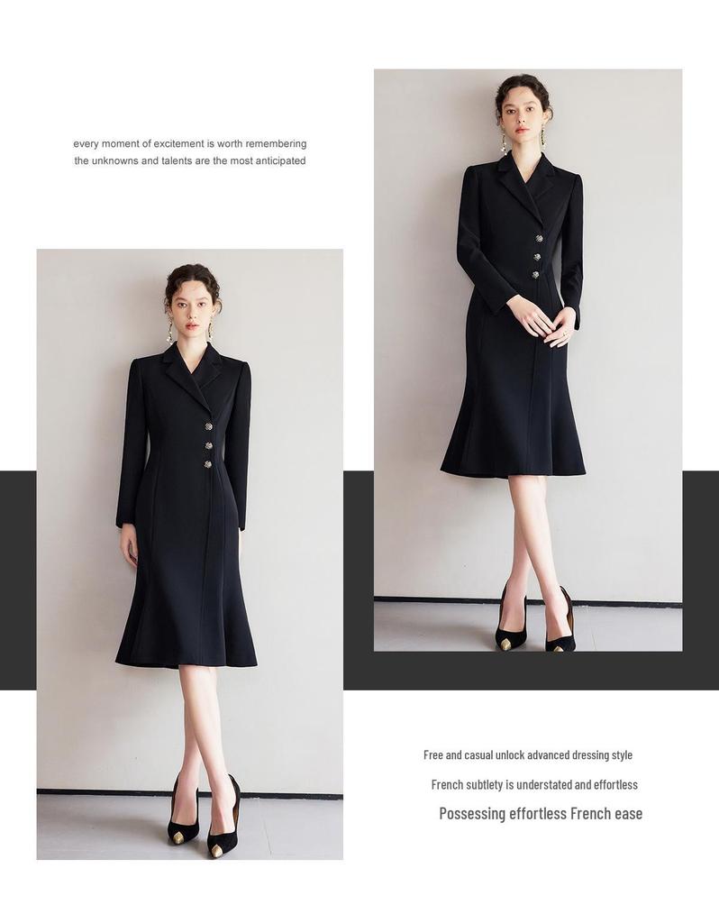 2025 Spring Hepburn Style Women's Black Fishtail Suit Dress: Elegant and Professional