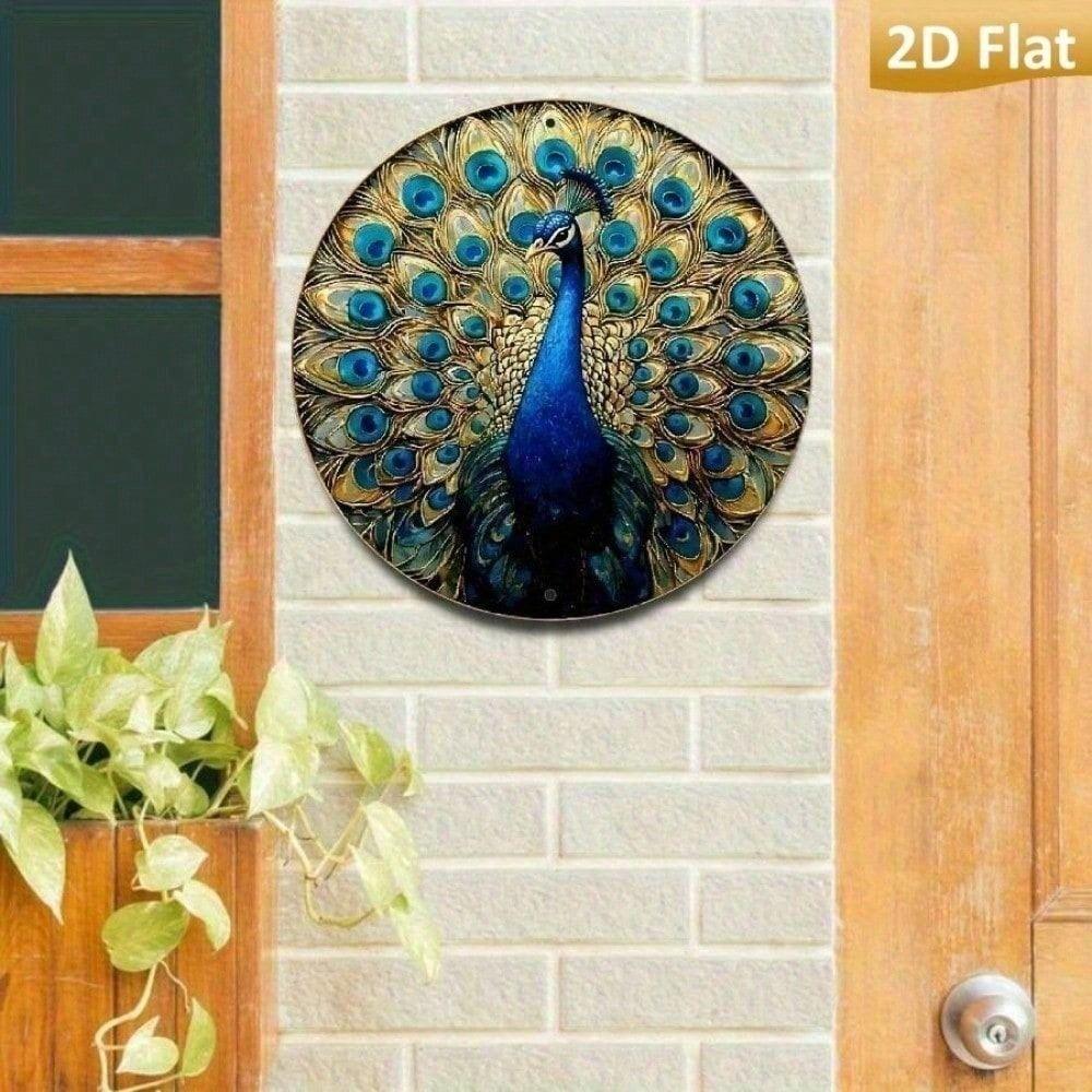 Stained Glass Peacock Metal Wall Art Round Sign Decor