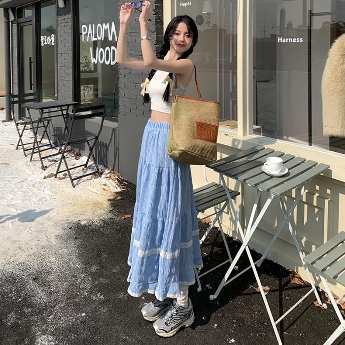 

Женская весенне-летняя синяя миди-юбка А-силуэта с кружевными оборками - курортный стиль, струящаяся длинная юбка с драпированной элегантностью XL