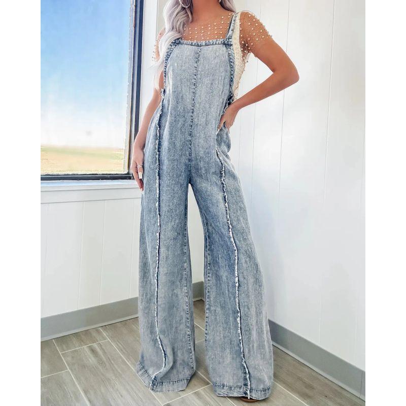 

European and American Fashion New Loose Casual Wide Leg Jeans Women Casual Jumpsuit Blue M