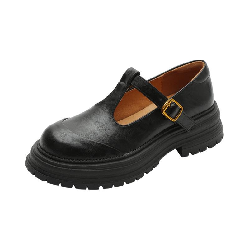 French retro Mary Jane women's shoes 2025 spring new small one-word buckle single shoes thick-soled thick high-heeled leather shoes