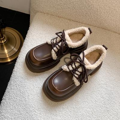 Small Fluffy Shoes Plush Women's Shoes Platform Shoes Lace-up Leather British Casual Small Leather Shoes