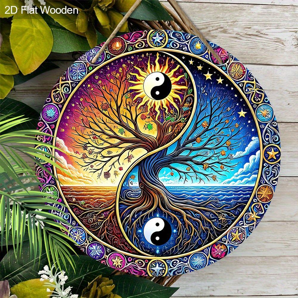 Yin Yang Tree Of Life Round Wooden Hanging Sign, 2D Flat Wooden Spiritual Wall Decor