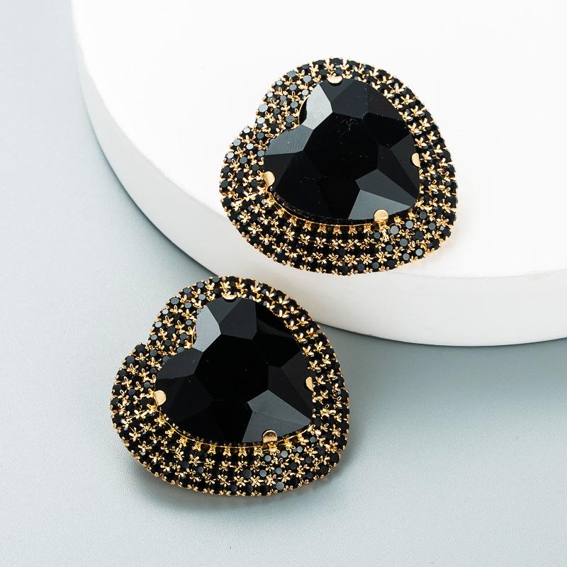 Women's Stud Earring Exaggerated Alloy Crystal Heart Earrings Super Flashing Personality Earrings