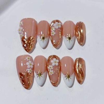 Pure Hand-worn Nail, Cat's Eye Hand-painted Flower, Nude Engraved Almond Nail Sticker, Advanced Whitening Finished Nail Piece