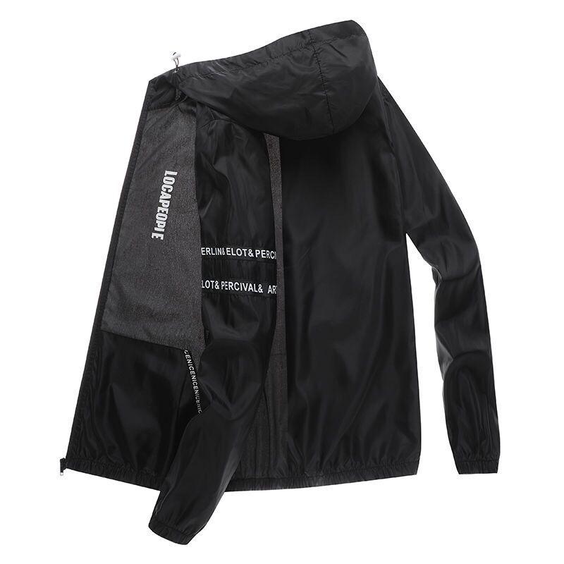 Men's Lettered Striped Summer Lightweight Sun Jacket Hooded Casual Jacket Outdoor Windproof Fishing Jacket