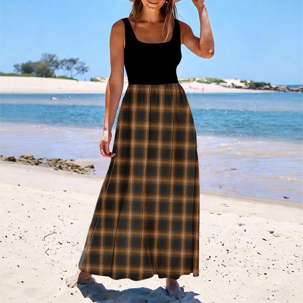 Ladies' Plaid Printed Summer Casual and Fashionable Sleeveless Long Dress