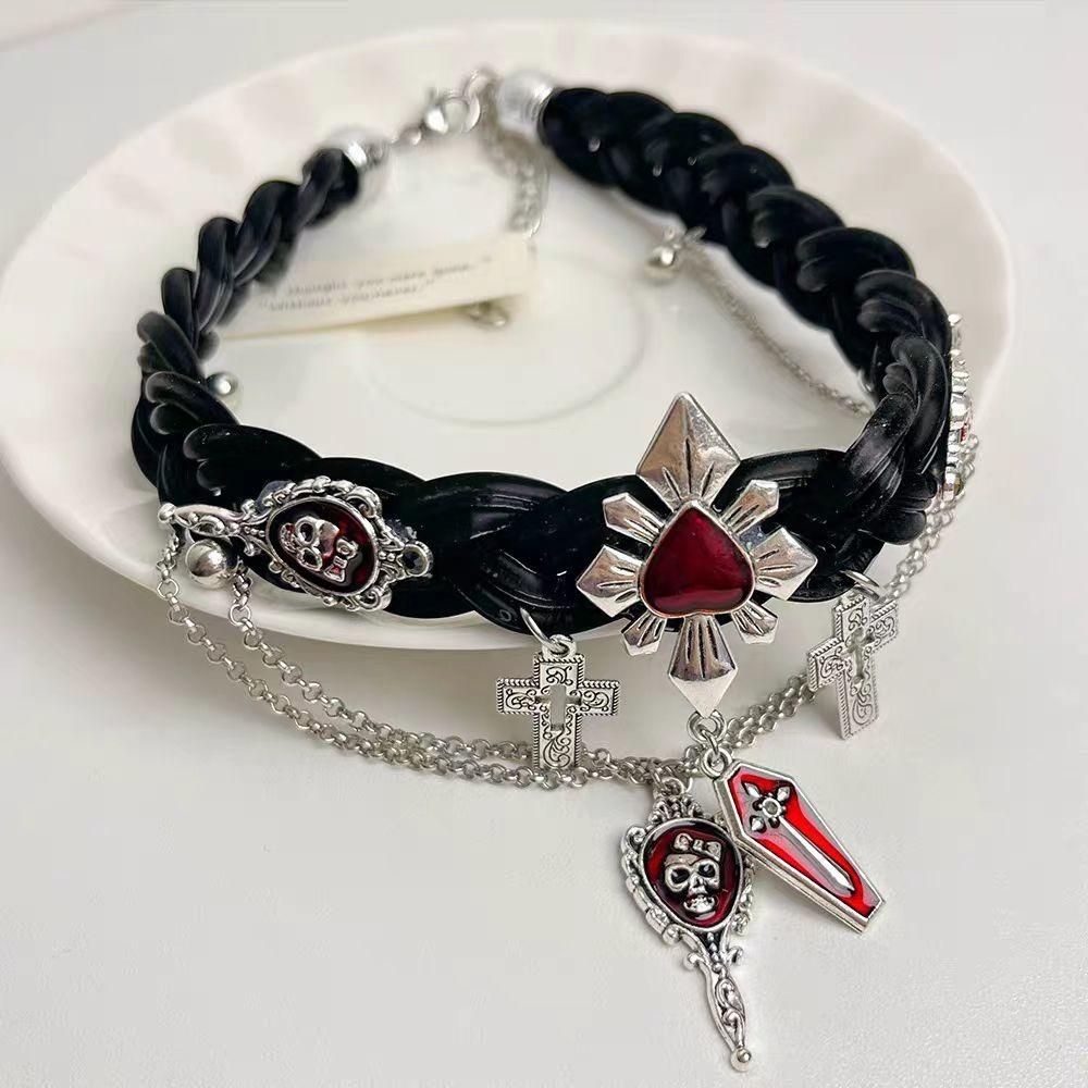 Skeleton Halloween Skull Choker Red Tassel Beaded Necklace Hiphop Y2K Leather Necklace  Girls