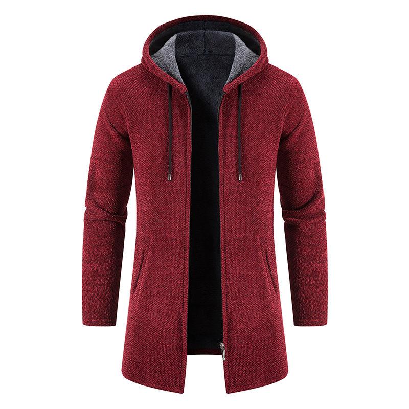 Winter Herren Plüsch Dick Mittel Lang Strickjacke Gestrickter Pullover Reißverschluss Cardigan Kapuze