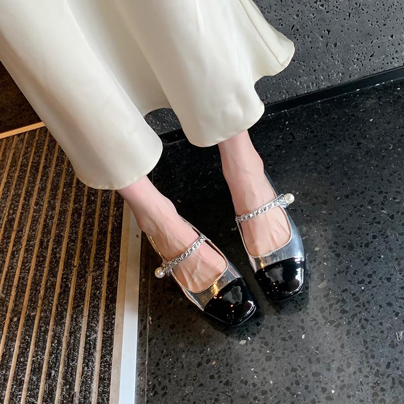Womens Silver Black Two Tone Square Toe Mary Jane Block Heel Pumps Rhinestone Strap Pearl Buckle Elegant Office Daily Shoes 35