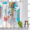Greek Mediterranean Shower Curtain Purple Flowers Blue Door Window White Architecture Nature Landscape Bathroom Curtains Decor