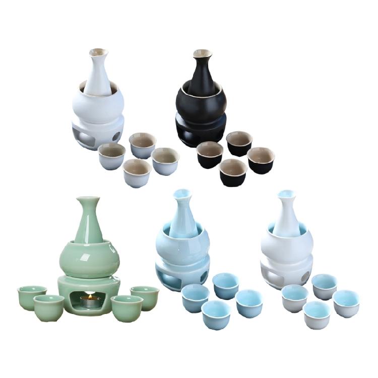 Japanese Drinking Set Contains Heat Resistant Sake Carafe Bottle 4 Cups Warmer Candle Stove Birthday Housewarmings Gift