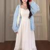 Elegant Plus Size French Summer Dress & Cardigan Set - Long Sleeve, Waist-Cinching, Gentle Style, Slimming.
