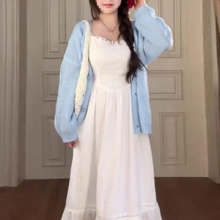 Elegant Plus Size French Summer Dress & Cardigan Set - Long Sleeve, Waist-Cinching, Gentle Style, Slimming.