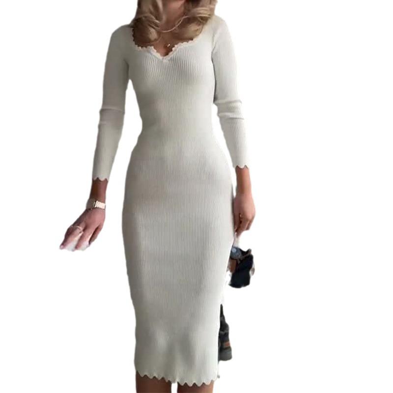 2024 Autumn European & American Pure Desire Lace Collar Slim Fit Knitted Top Dress for Women