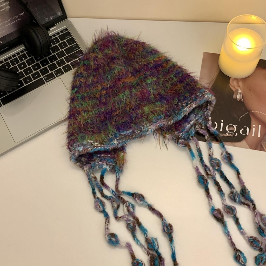 Winter Fringed Wool Hat Mixed Color Knitted Plush Hat Women's Warm Versatile Ear Protector Headgear