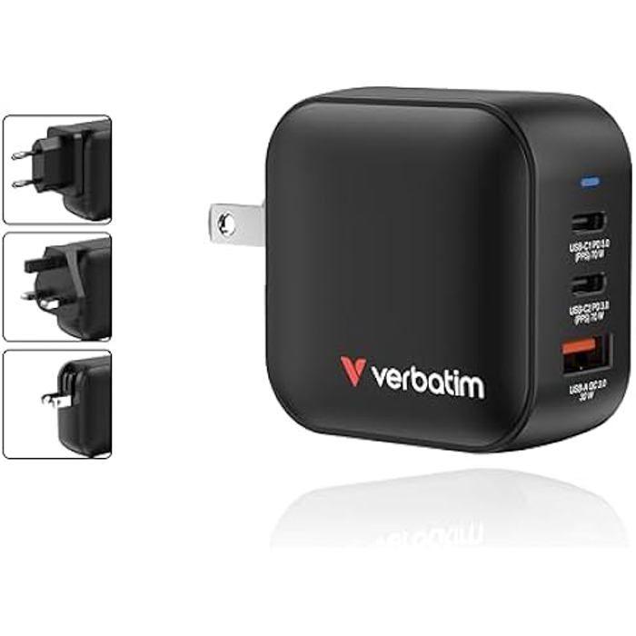 Chargeur GaN - VERBATIM - Mini Chargeur 70W - 3 Ports - Adaptateurs UE et UK