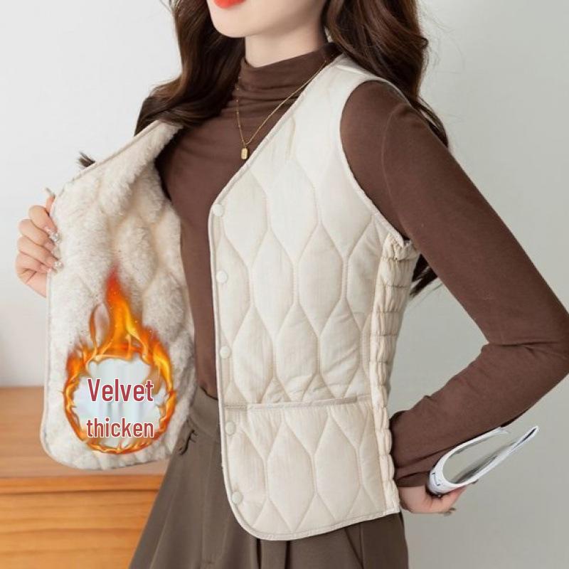 2025 Women's Autumn/Winter V-Neck Down Cotton Vest: Plus Velvet, Thick, Warm, Sleeveless, Slim Fit, Versatile.