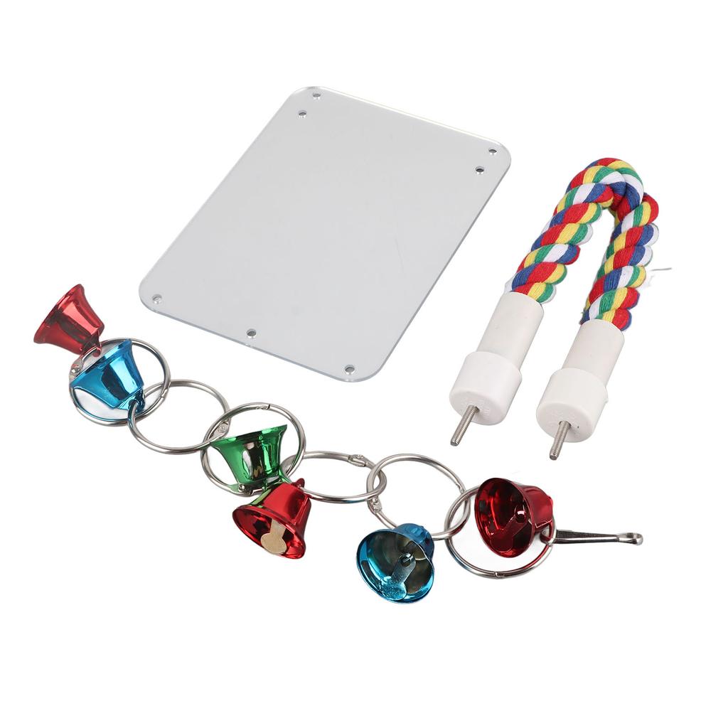 Bird Mirror Toy Colorful Chewing Standing Parrot Perch Mirror with Bell String for Parakeets