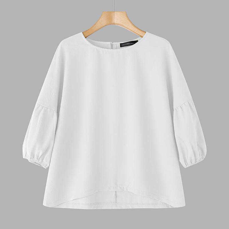 

ZANZEA Женская повседневная блузка с круглым вырезом, свободного кроя, с рукавами 3/4, однотонная M белый